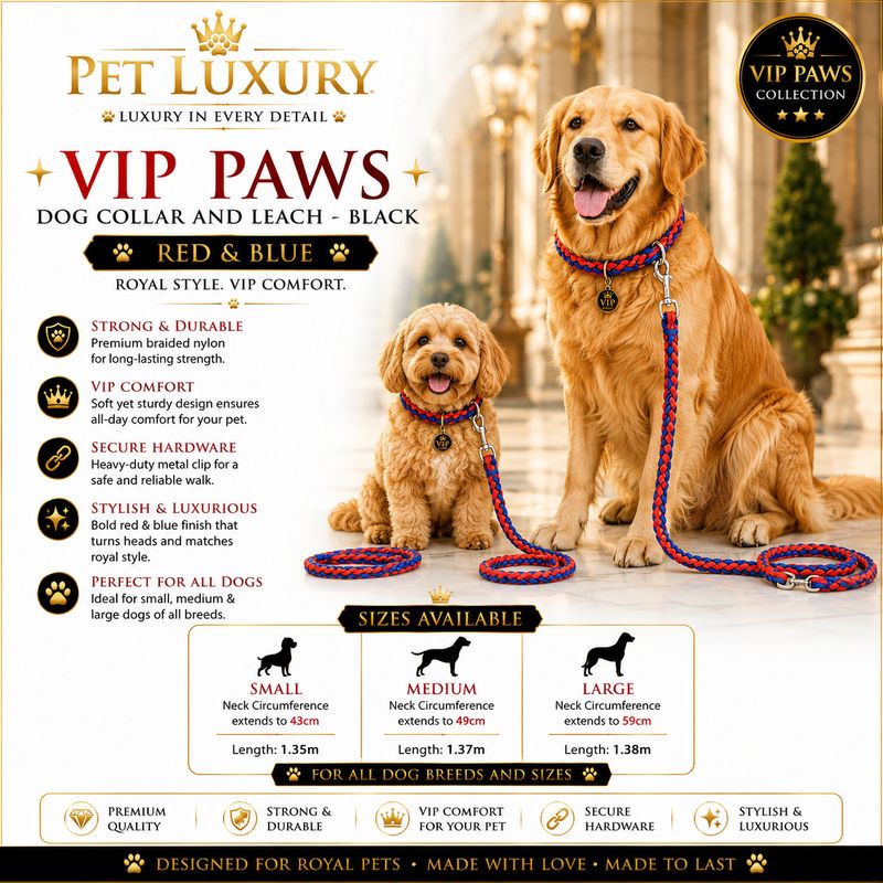 VIP PAWS Dog Collar and Leach - Red And Blue
