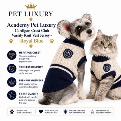 Academy Pet Luxury Cardigan Crest Club Varsity Knit Vest Jersey – Royal Blue Academy Pet Luxury Cardigan Crest Club Varsity Knit Vest Jersey – Royal Blue