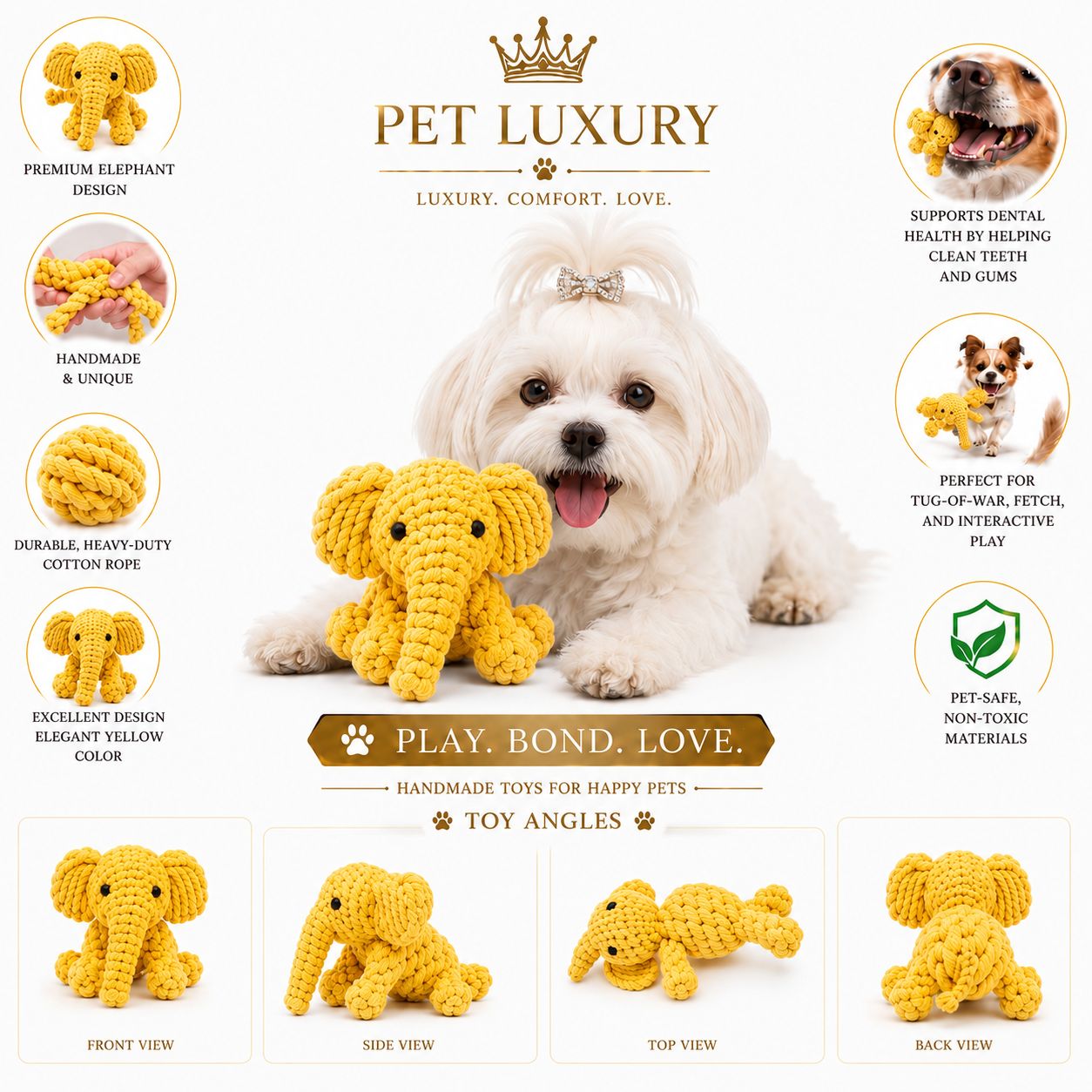 Pet Luxury Golden Elephant Tug Toy – Premium Rope Chew