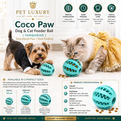 Coco Paw Dog & Cat Feeder Ball | Turquoise | Educational Play + Slow Feeding