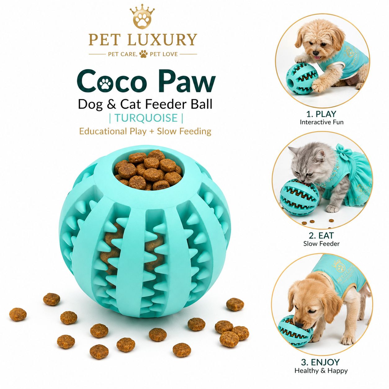 Coco Paw Dog & Cat Feeder Ball | Turquoise | Educational Play + Slow Feeding Coco Paw Dog & Cat Feeder Ball | Turquoise | Educational Play + Slow Feeding