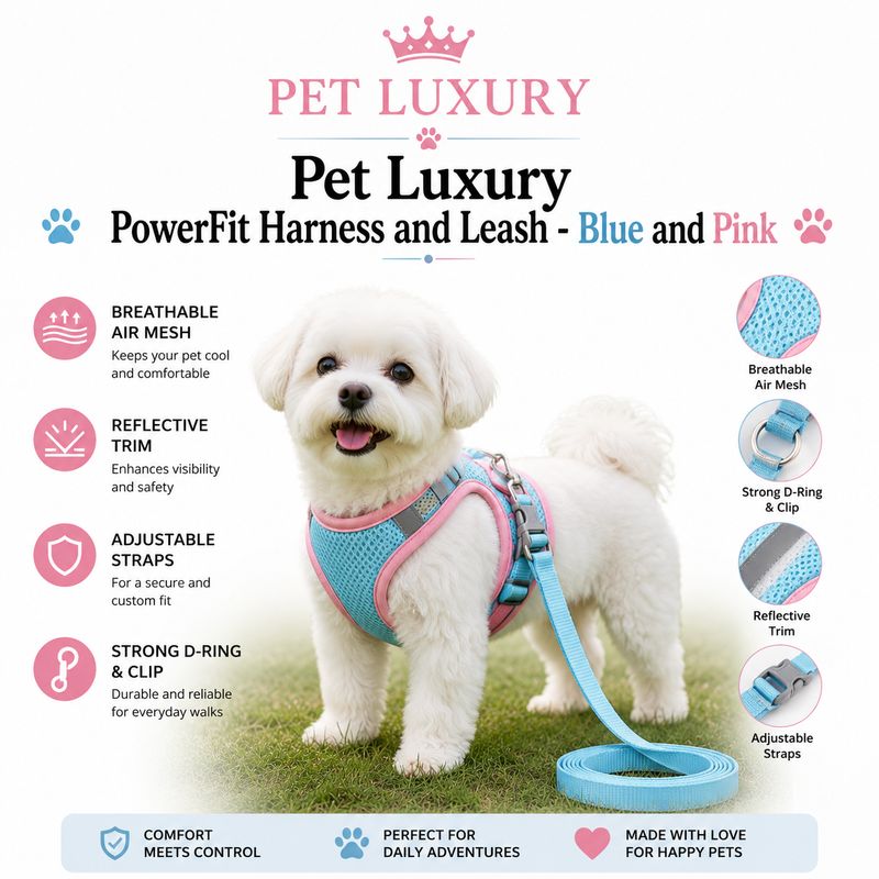 Pet Luxury PowerFit Harness and Leash - Blue and Pink Pet Luxury PowerFit Harness and Leash - Blue and Pink