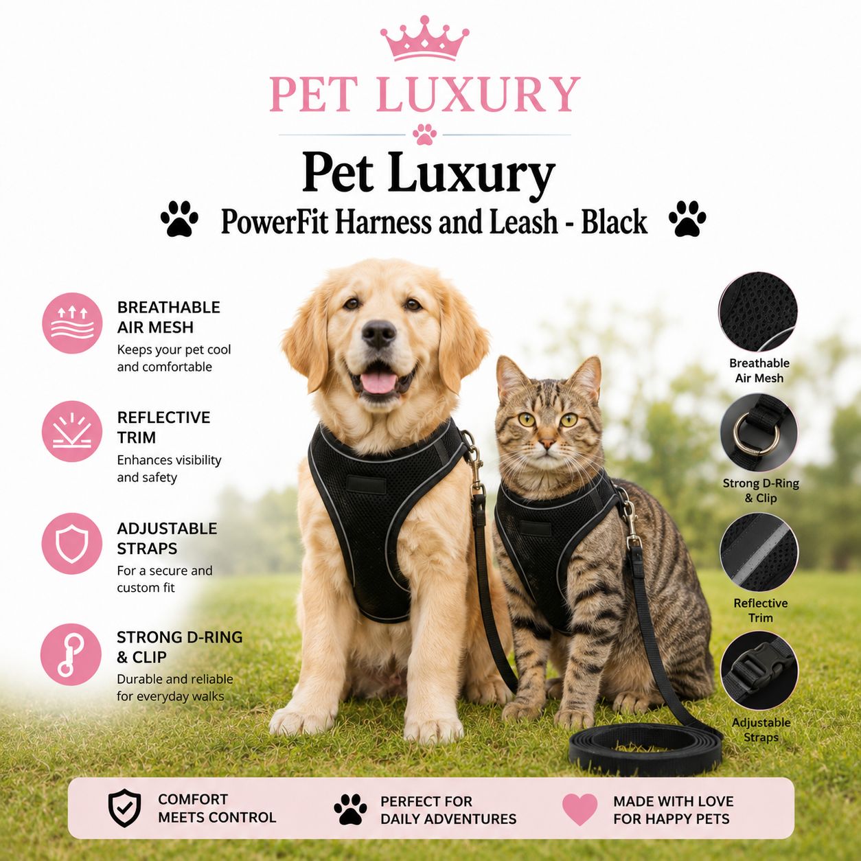 Pet Luxury PowerFit Harness and Leash - Black Pet Luxury PowerFit Harness and Leash - Black