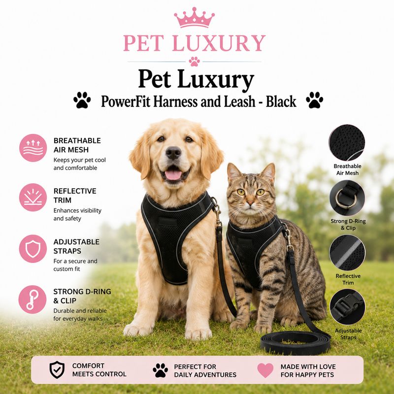 Pet Luxury PowerFit Harness and Leash - Black Pet Luxury PowerFit Harness and Leash - Black