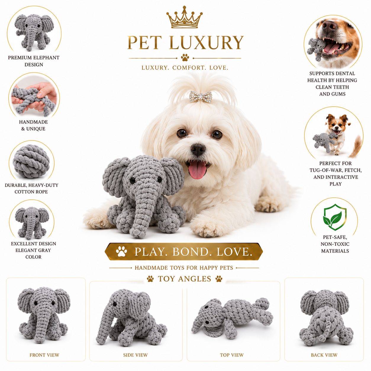 Pet Luxury Gray Durable Hand Made Rope Elephant Dog Toy – Premium Rope Chew