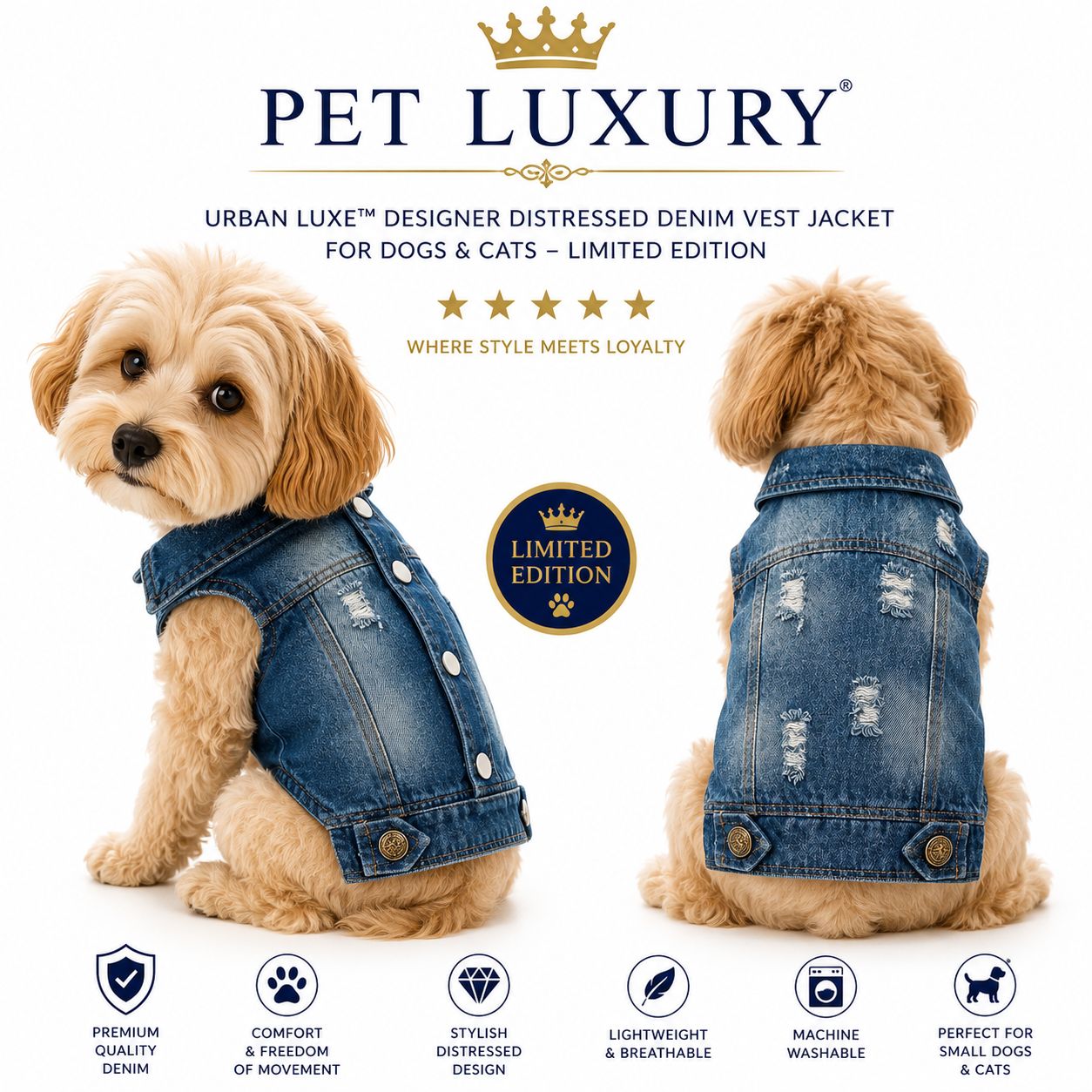 Pet LUXURY Urban Luxe™ Distressed Denim Vest – Limited Edition