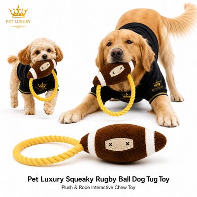 Pet Luxury Squeaky Rugby Ball Dog Tug Toy - Plush & Rope Interactive Chew Toy