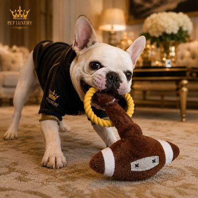 Pet Luxury Squeaky Rugby Ball Dog Tug Toy - Plush & Rope Interactive Chew Toy