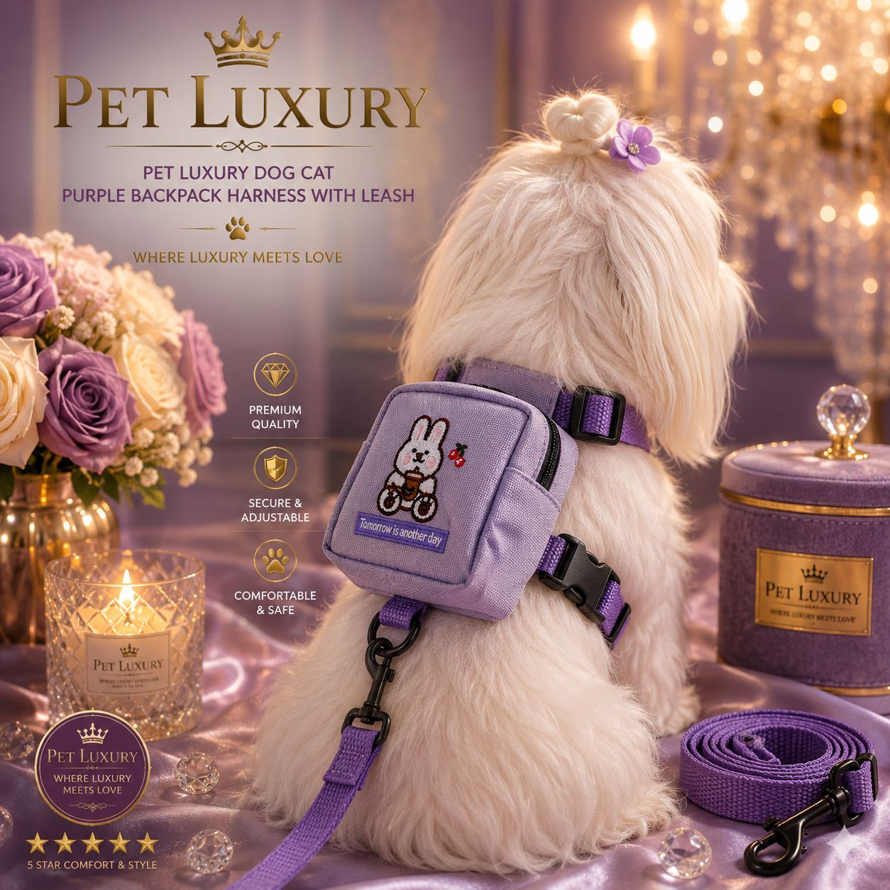 Pet Luxury Dog Cat Purple Backpack Harness With Leash