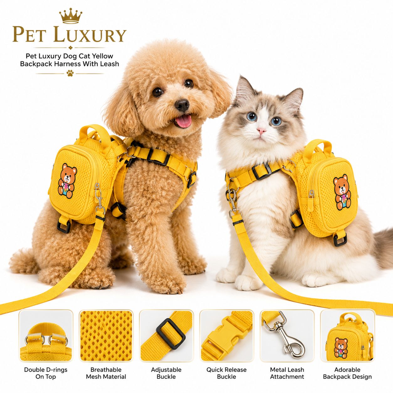 Pet Luxury Dog Cat Yellow Backpack Harness With Leash