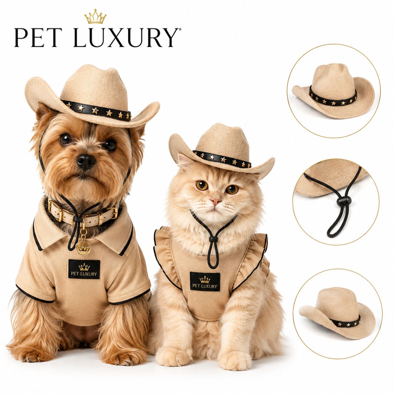 Beige Cowboy Hat for Dogs and Cats - Adjustable Pet Western Hat with Star Band for Small Medium Large Pets