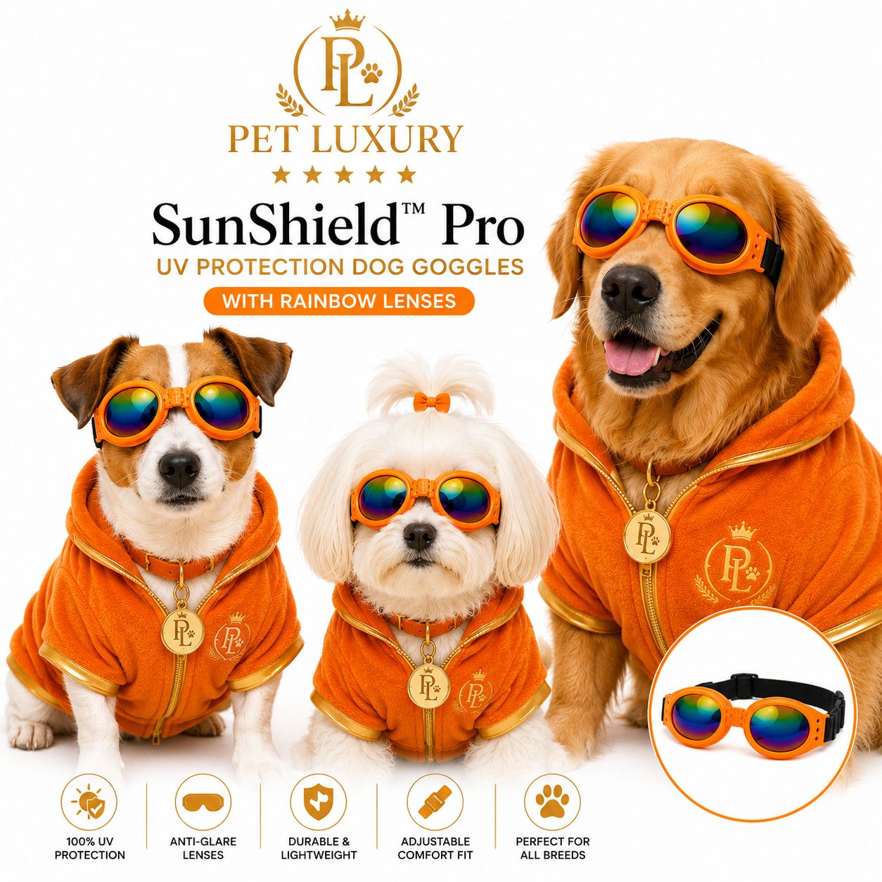 Pet Luxury SunShield™ Pro – UV Protection Dog Orange Goggles Glasses with Rainbow Lenses