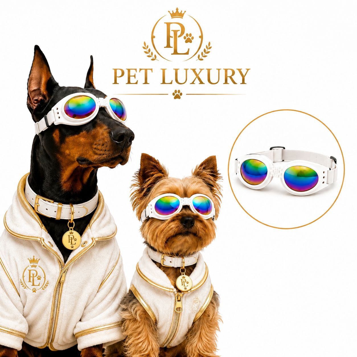 Pet Luxury SunShield™ Pro – UV Protection Dog White Goggles Glasses with Rainbow Lenses Pet Luxury SunShield™ Pro – UV Protection Dog White Goggles Glasses with Rainbow Lenses