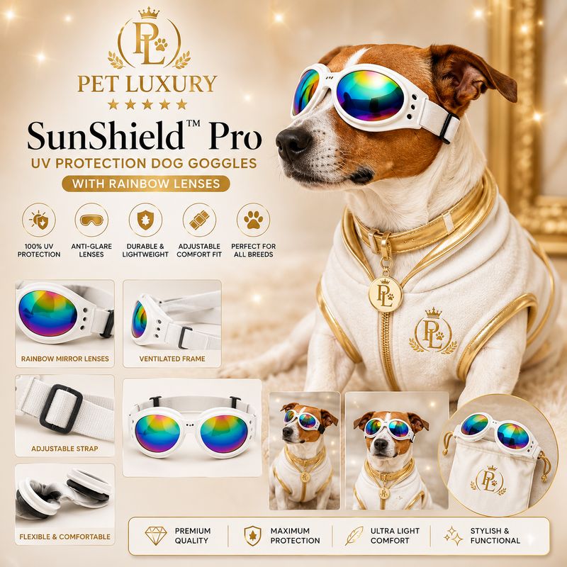 Pet Luxury SunShield™ Pro – UV Protection Dog White Goggles Glasses with Rainbow Lenses