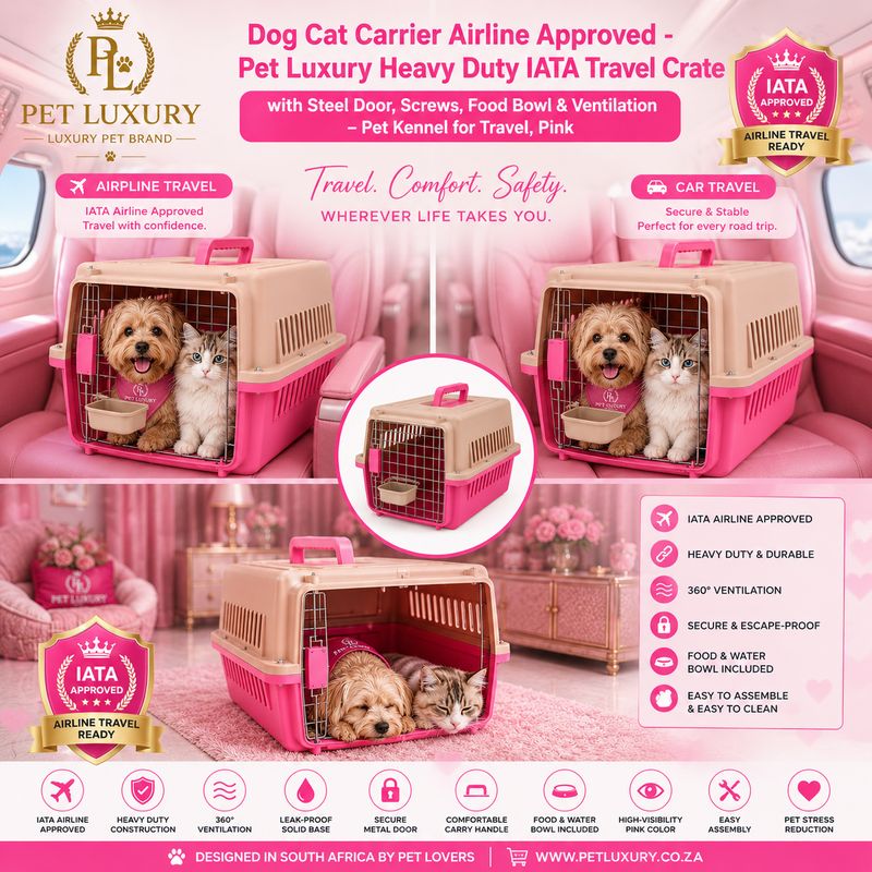 Dog Cat Carrier Airline Approved - Pet Luxury Heavy Duty IATA Travel Crate with Steel Door, Screws, Food Bowl & Ventilation - Pet Kennel for Travel, Pink