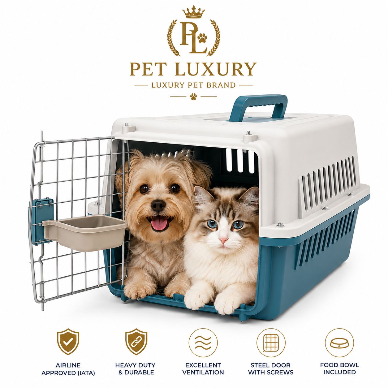 Dog Cat Carrier Airline Approved - Pet Luxury Heavy Duty IATA Travel Crate with Steel Door, Screws, Food Bowl & Ventilation - Pet Kennel for Travel, Blue Dog Cat Carrier Airline Approved - Pet Luxury Heavy Duty IATA Travel Crate with Steel Door, Screws, Food Bowl & Ventilation - Pet Kennel for Travel, Blue