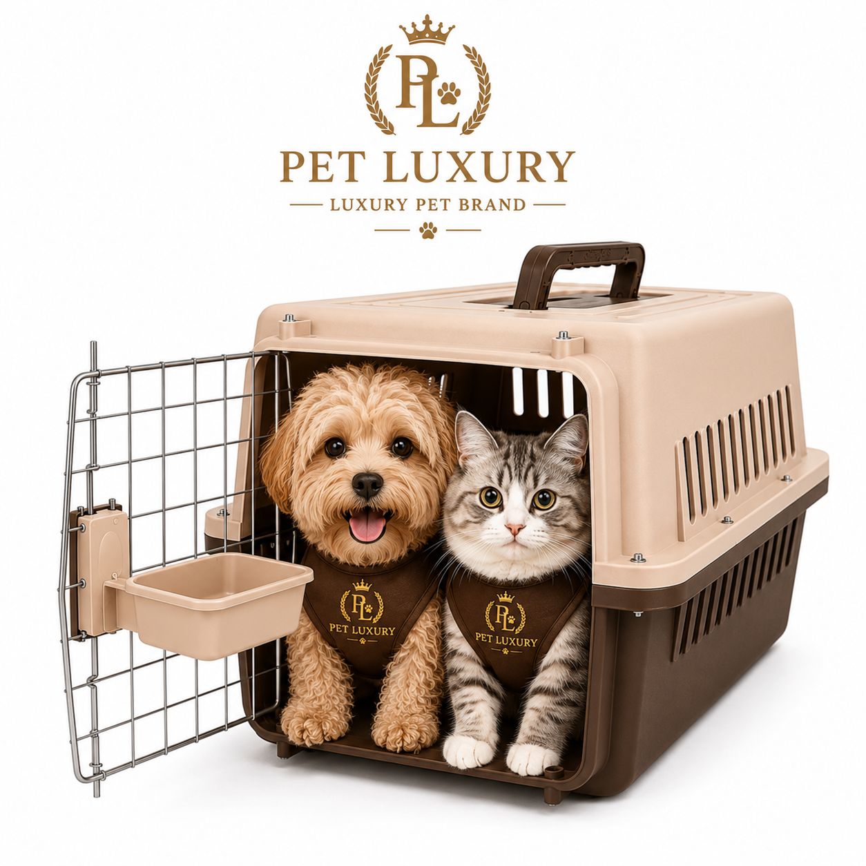 Dog Cat Carrier Airline Approved - Pet Luxury Heavy Duty IATA Travel Crate with Steel Door, Screws, Food Bowl & Ventilation - Pet Kennel for Travel, Brown