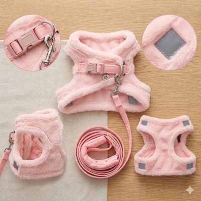 Pet Luxury Harness Fuzzy Set Leach – Pink