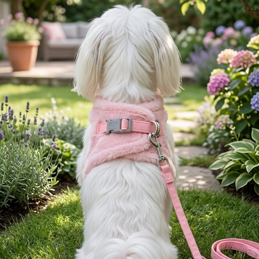 Pet Luxury CloudSoft Fuzzy Harness Set – Pink (Adjustable Velcro Body Strap)