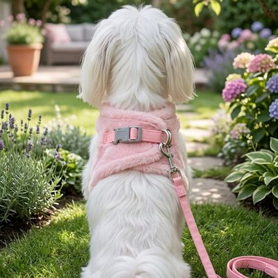 Pet Luxury CloudSoft Fuzzy Harness Set – Pink (Adjustable Velcro Body Strap)