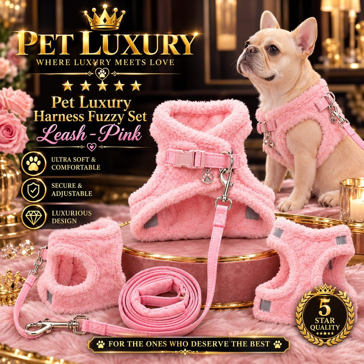 Pet Luxury ® CloudSoft Fuzzy Harness and Leash Set – Blush Pink 🩷🐾 Pet Luxury ® CloudSoft Fuzzy Harness and Leash Set – Blush Pink 🩷🐾