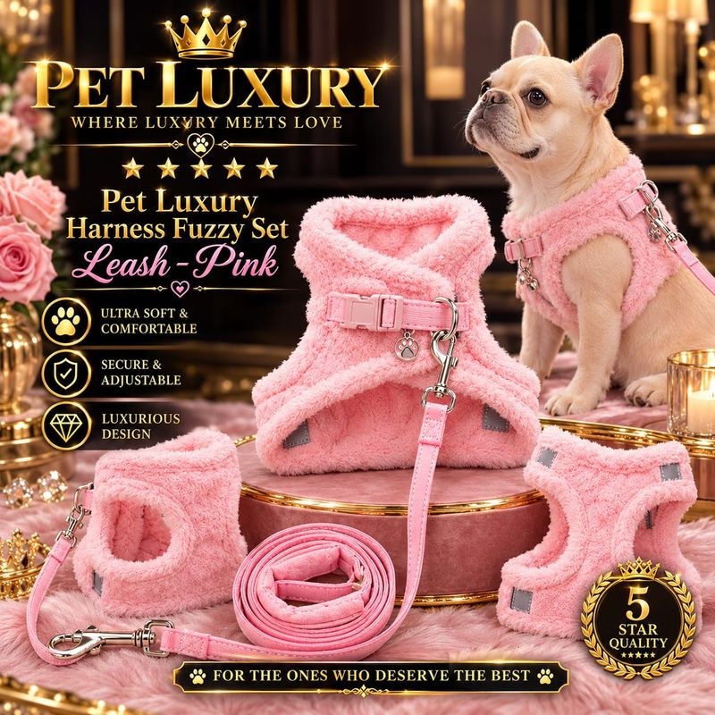 Pet Luxury ® CloudSoft Fuzzy Harness and Leash Set – Blush Pink 🩷🐾