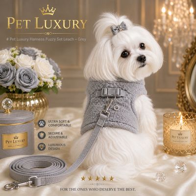 Pet Luxury CloudSoft Fuzzy Harness Adjustable Set – Grey