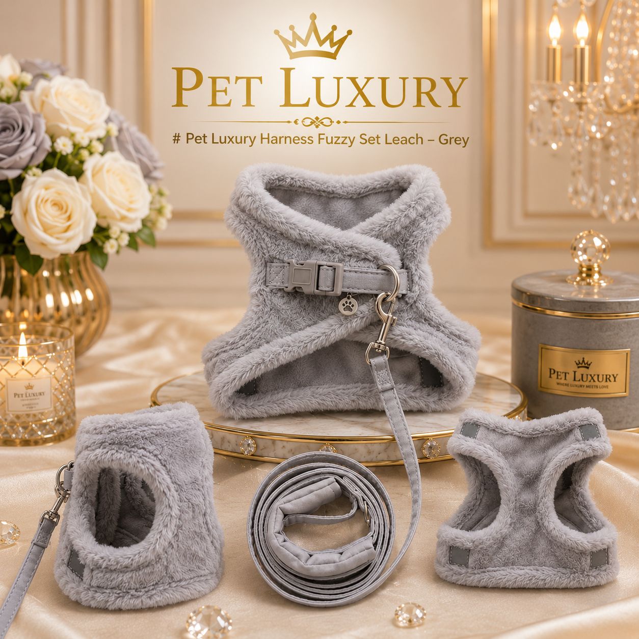 Pet Luxury CloudSoft Fuzzy Harness Adjustable Set – Grey Pet Luxury CloudSoft Fuzzy Harness Adjustable Set – Grey