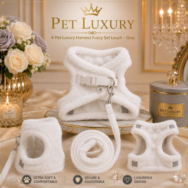 Pet Luxury CloudSoft Fuzzy Harness Adjustable Set – White Pet Luxury CloudSoft Fuzzy Harness Adjustable Set – White
