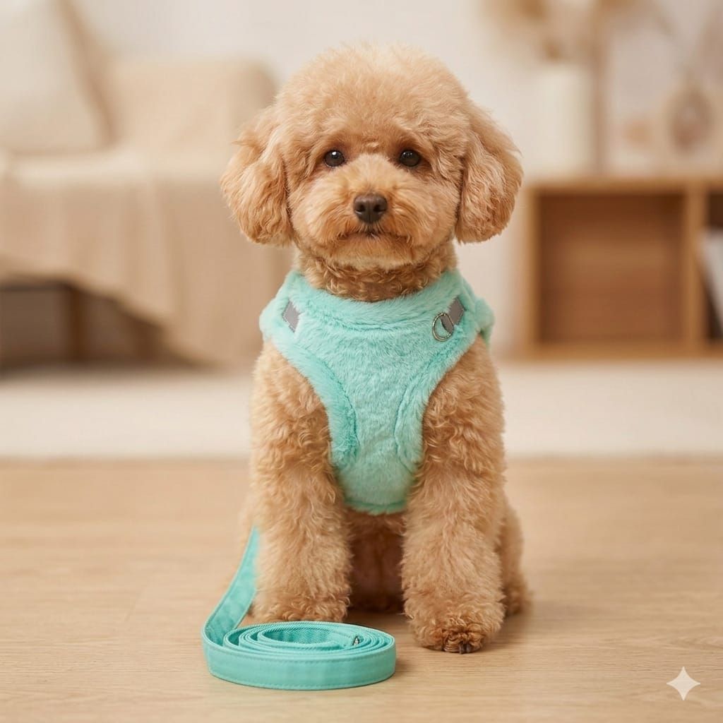 Pet Luxury CloudSoft Fuzzy Harness Set – Turquoise (Adjustable Velcro Body Strap)