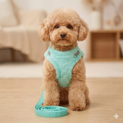 Pet Luxury CloudSoft Fuzzy Harness Set – Turquoise (Adjustable Velcro Body Strap)