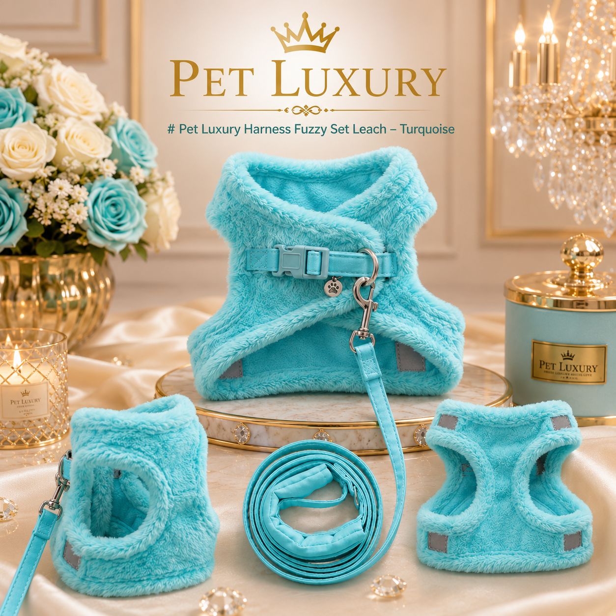 PET LUXURY | CloudSoft Fuzzy Harness Set – Turquoise PET LUXURY | CloudSoft Fuzzy Harness Set – Turquoise