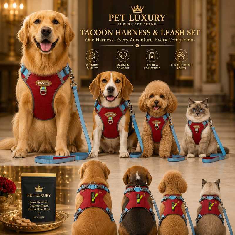 Pet Luxury Tacoon Harness & Leash Set with Built-In Zip Pocket – Red