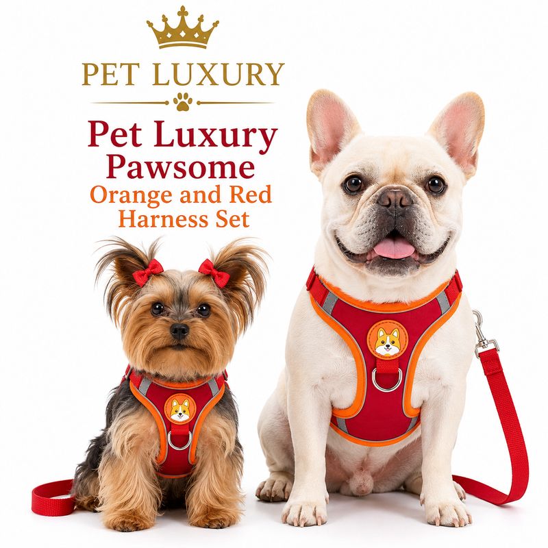 Pet Luxury Pawsome Orange and Red Harness Set