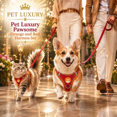 Pet Luxury Pawsome Orange and Red Harness Set