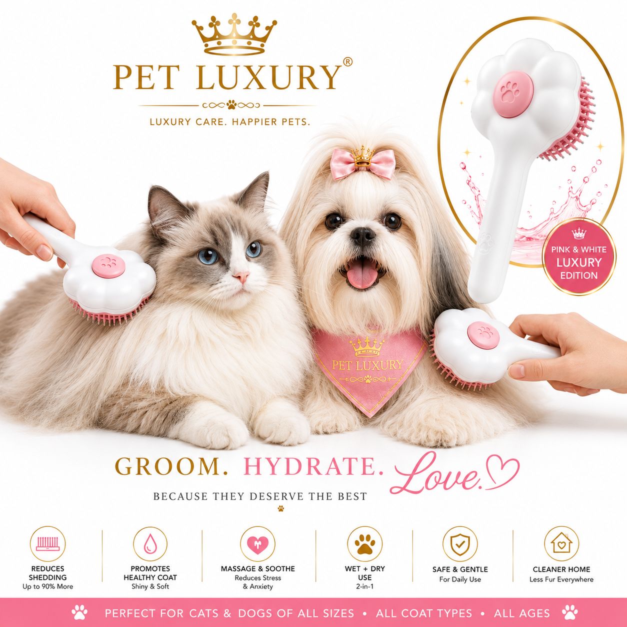 Pet Luxury Paw Comfort Hair Brush for Cats & Dogs | Self-Cleaning Slicker Brush with Massage Pins | Pink & White