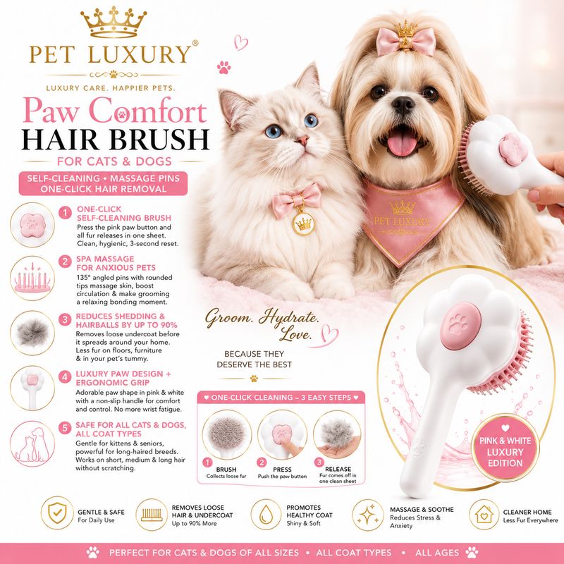 Pet Luxury Paw Comfort Hair Brush for Cats & Dogs | Self-Cleaning Slicker Brush with Massage Pins | Pink & White
