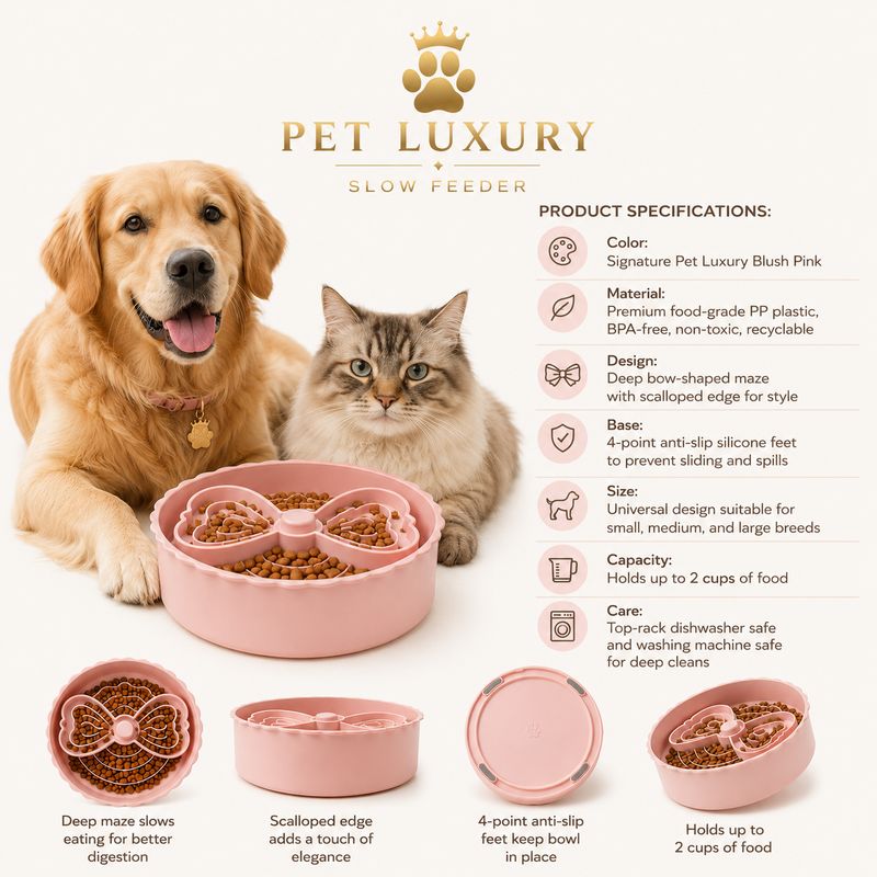 Pet Luxury Slow Feeder Dog & Cat Bowl | Pink | Designer Bow Maze