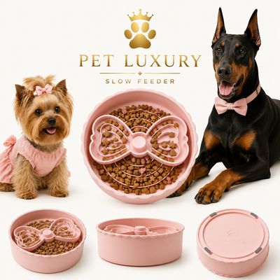 Pet Luxury Slow Feeder Dog & Cat Bowl | Pink | Designer Bow Maze