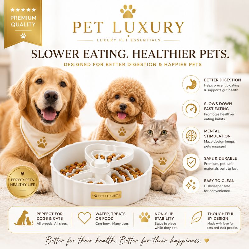 Slow Feeder Dog Bowl for Fast Eaters | Cat & Dog Puzzle Food Bowl | Non-Slip, Anti-Bloat - Pet Luxury White