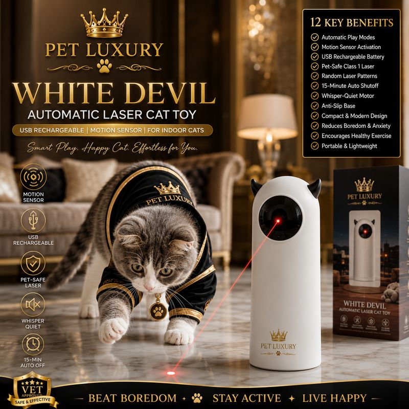 White Devil Automatic Laser Cat Toy - USB Rechargeable Interactive Pet Toy with Motion Sensor for Indoor Cats