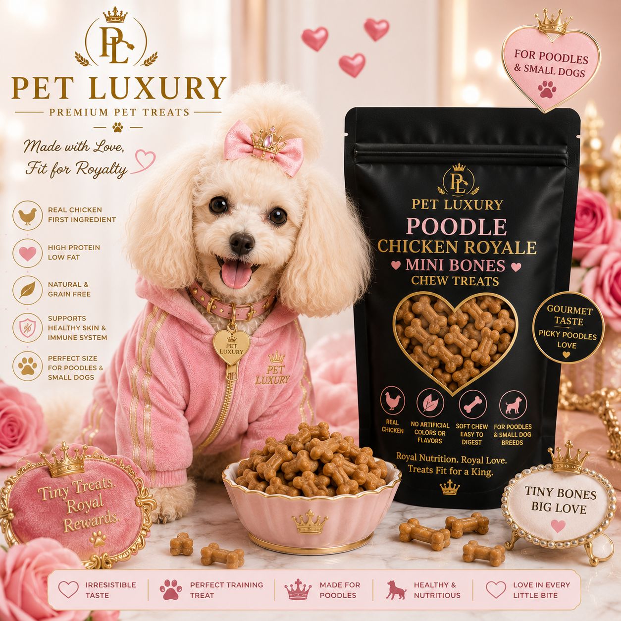 PET LUXURY Poodle Chicken Royale Mini Bones Chew Treats