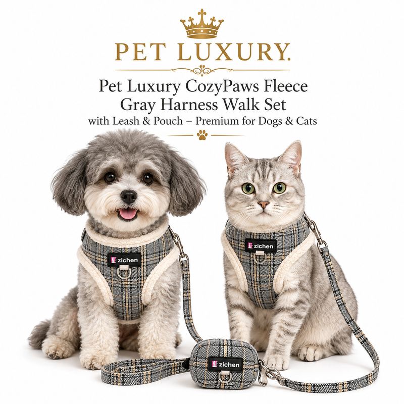 Pet Luxury CozyPaws Fleece Gray Harness Walk Set with Leash & Pouch – Premium for Dogs & Cats Pet Luxury CozyPaws Fleece Gray Harness Walk Set with Leash & Pouch – Premium for Dogs & Cats