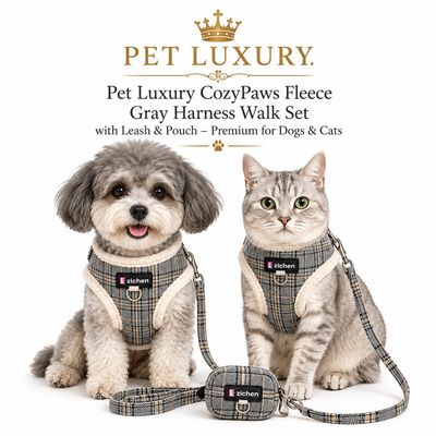 Pet Luxury CozyPaws Fleece Gray Harness Walk Set with Leash & Pouch – Premium for Dogs & Cats Pet Luxury CozyPaws Fleece Gray Harness Walk Set with Leash & Pouch – Premium for Dogs & Cats