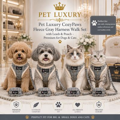 Pet Luxury CozyPaws Fleece Gray Harness Walk Set with Leash & Pouch – Premium for Dogs & Cats