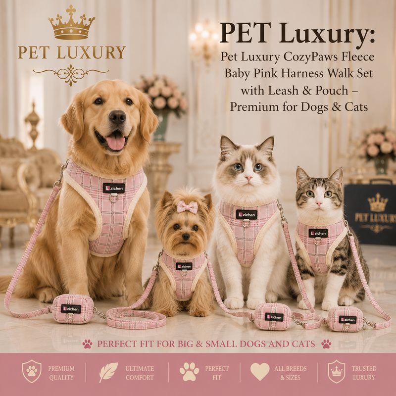 Pet Luxury CozyPaws Fleece Baby Pink Harness Walk Set with Leash & Pouch – Premium for Dogs & Cats