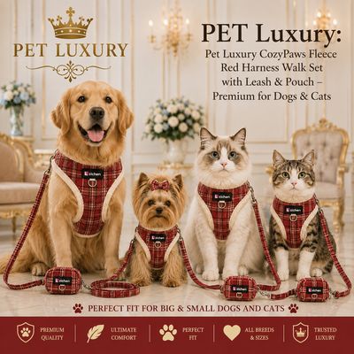 Pet Luxury CozyPaws Fleece Red Harness Walk Set with Leash & Pouch – Premium for Dogs & Cats