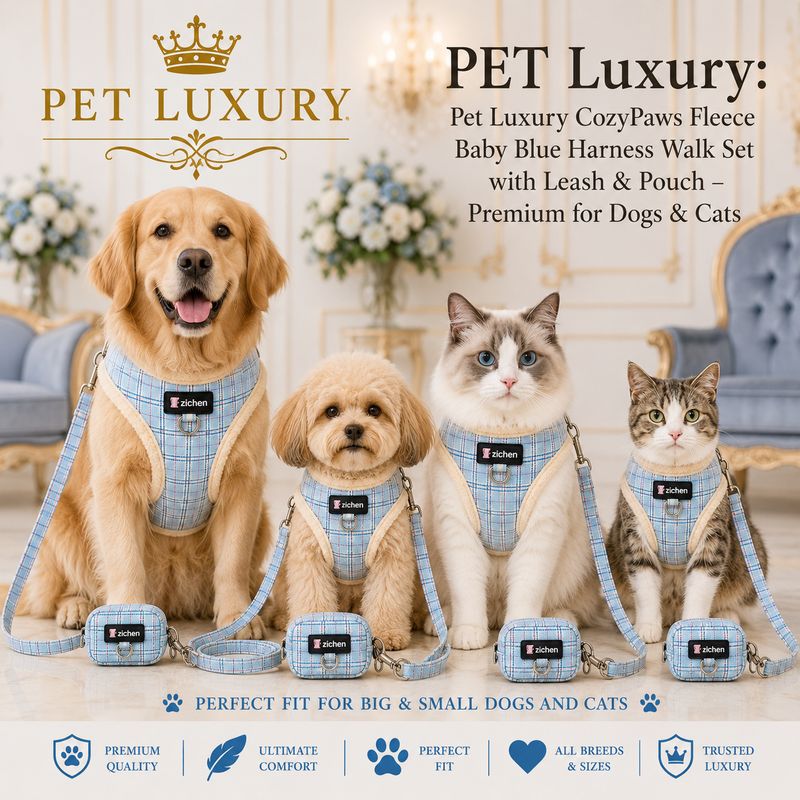Pet Luxury CozyPaws Fleece Baby Blue Harness Walk Set with Leash & Pouch – Premium for Dogs & Cats