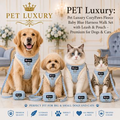 Pet Luxury CozyPaws Fleece Baby Blue Harness Walk Set with Leash & Pouch – Premium for Dogs & Cats