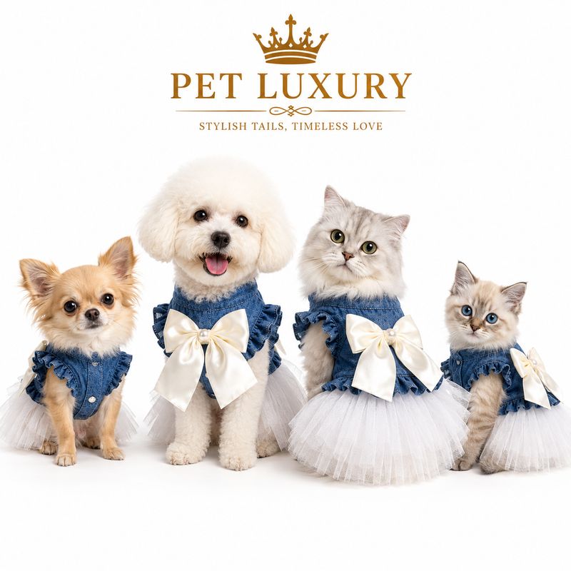 Stylish Tails Pet Luxury Denim Tutu Dress - Denim Blue And Snow White